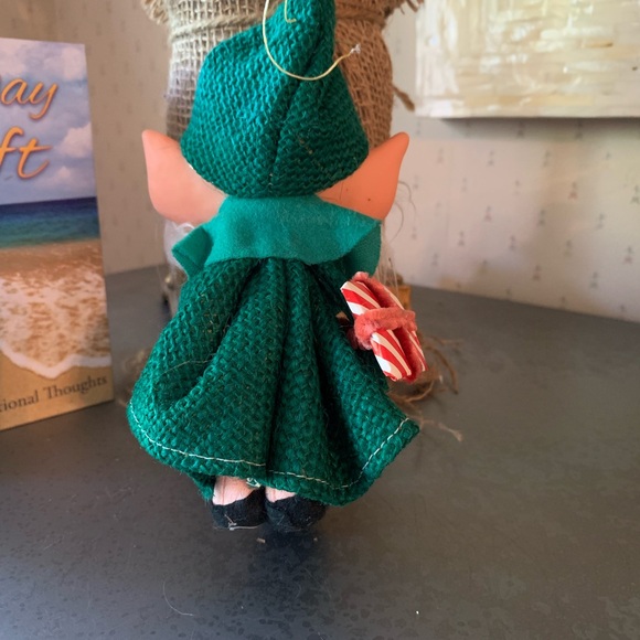Vintage, CHRISTMAS ELF, Tagged Japan, GREEN burlap suit holding Christmas gift. - Picture 6 of 8
